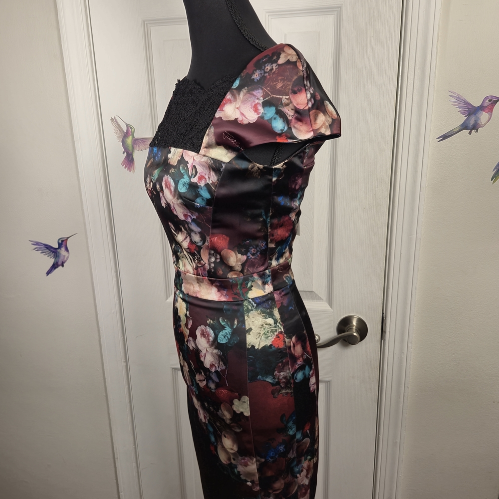Just Cavalli Floral Satin Lace Cap Sleeve Sheath Dress IT 38 US XS - Picture 3 of 8